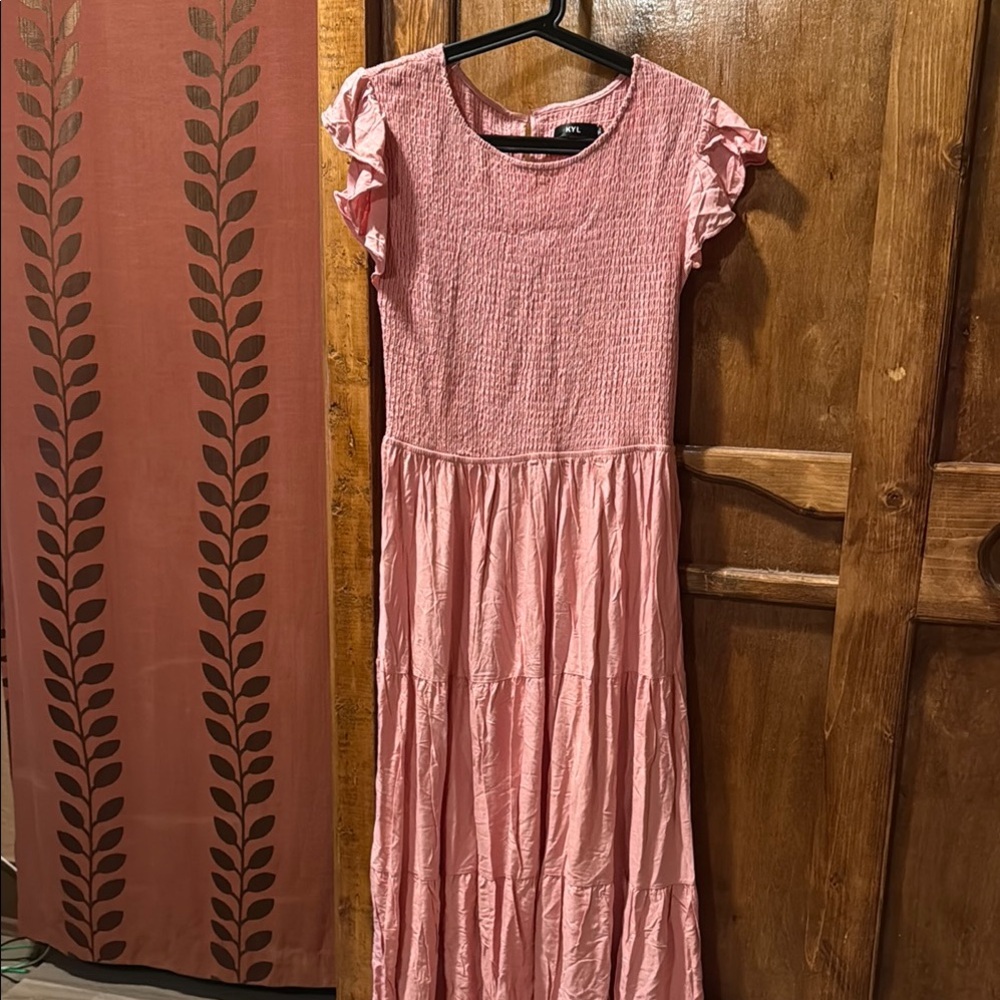 Pink Smocked Ruffled Midi Dress